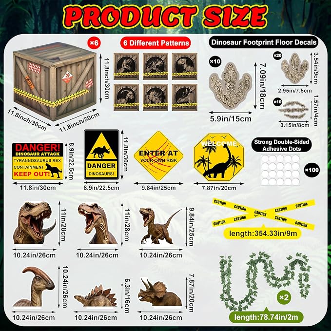 Dinosaur Party Decorations Set – 6 Dino Boxes with 3D Toppers, 4 Signs, 2 Vines, Caution Tape & 40 Footprint Stickers – Dino Birthday Supplies, Baby Shower & Jurassic Room Decor