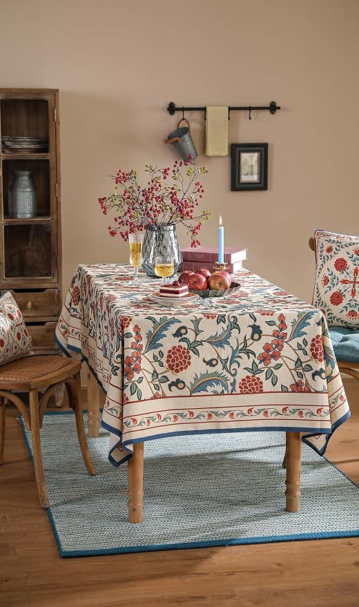 patdrea Elegant French Linen Tablecloth,Rectangular,87"x55"-Puno | Luxurious Table Cloth for Rectangle Table,Vintage Colorful Floral Design,Dining Room Kitchen Tea Party Decorations