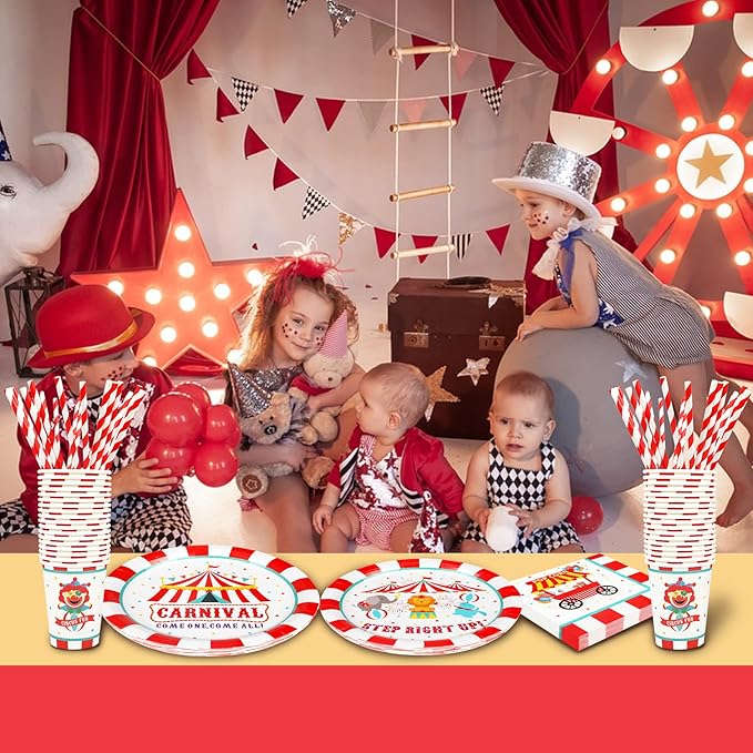 Recheel Carnival Party Supplies Decorations, Circus Theme Birthday Paper Plates and Napkins Set with Cups and Straws for 24 Guests, 120 Pcs Disposable Party Dessert Dinnerwares
