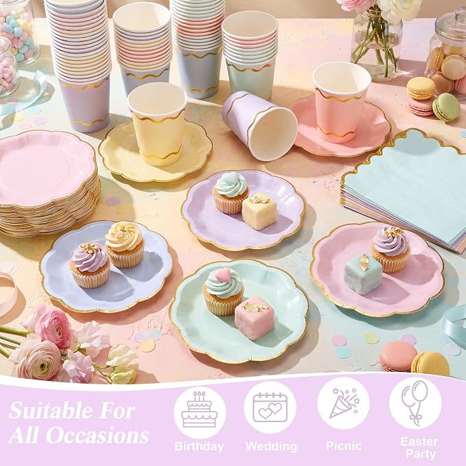 Yungyan 216 Pcs 72 Guest Pastel Paper Plates and Napkins Sets Pastel Party Supplies Gold Foil Scalloped 6" Plates 9 oz Cups Disposable Tableware Set for Birthday Wedding Baby Shower Supplies