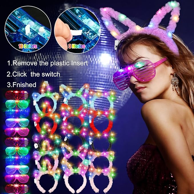 Honoson Light Up Glasses LED Cats Headband Rabbit Headband for Adults Party Favor Packs
