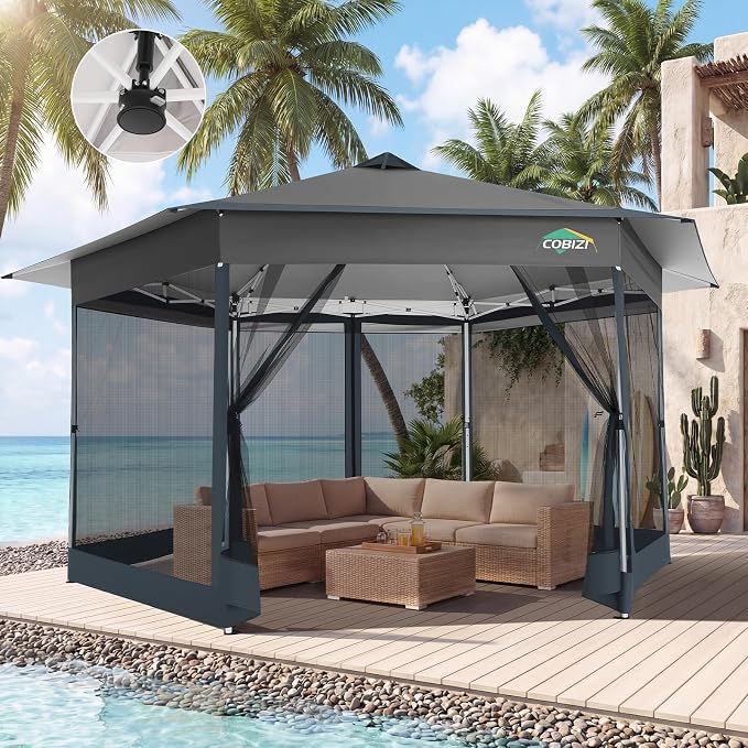 COBIZI 16x16 Pop Up Gazebo Tent with Mosquito Netting, Gazebos on Clearance, Hexagonal Outdoor Canopy Shelter, Patented Center Lock 6-Sided Portable Gazebos, Pop Up Canopy Tent for Backyard, Gray