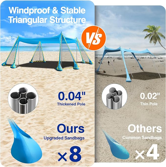 Rhino Valley Beach Tent, 10 x 13 FT Beach Shade UPF50+ Protection, Beach Canopy with 8 Sandbags 4 Stability Poles,Outdoor Beach Tent Sun Shelter Umbrella for Sand,Camping,Fishing Essentials, Sky Blue