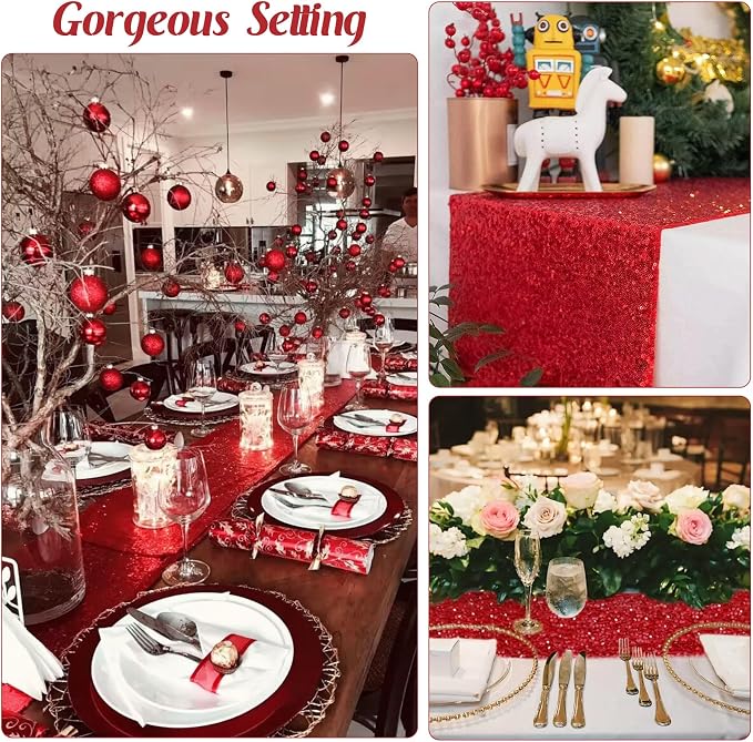 6 Pack Red Valentine's Day Sequin Table Runner 12" x 72" Sparkle Table Runner for Baby Bridal Shower Wedding Birthday Party Table Decor (Red)