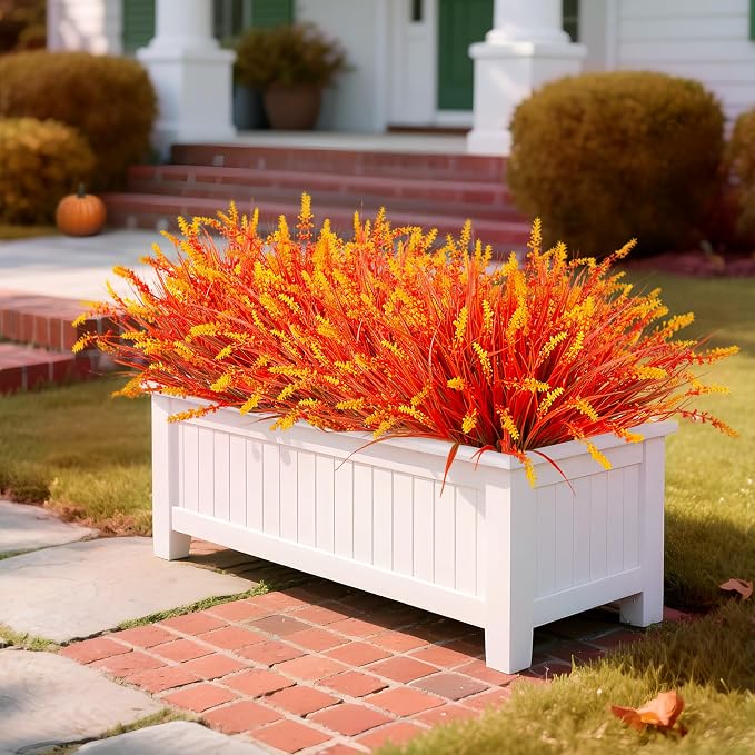 Artificial Fake Plants Flowers for Outdoors Fall Decor, 12 Bundles Fall Leaves Faux Lavender Flowers for Autumn Decoration, Fake Shrubs UV Resistant Planter No Fade for Garden Porch Balcony(Brown)