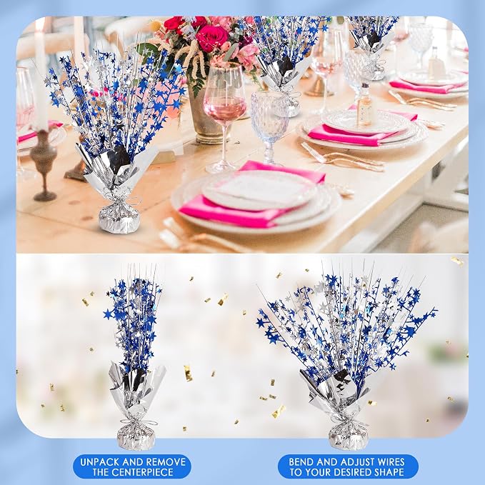 12 Pack Metallic Foil Spary Centerpieces for Tables, Silver NavyBlue Centerpieces for Tables Decorations, Star Brust Table Centerpieces for Birthday Graduation Wedding Baby Shower Party