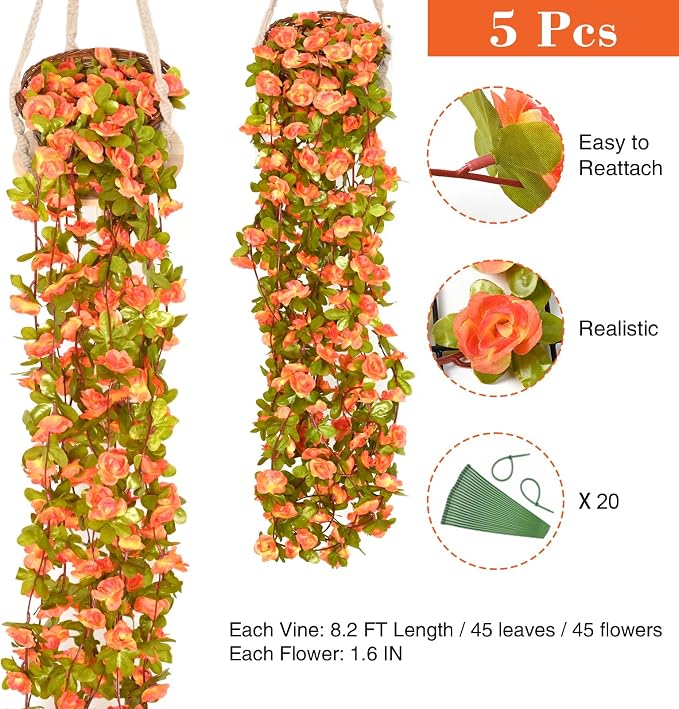 BLEUM CADE 5Pcs 41Ft Flowers Garland Artificial Rose Vines for Bedroom, Cute Fake Hanging Flower Vines Floral Garland Decorations for Wedding Party Wall Room Decor Aesthetic