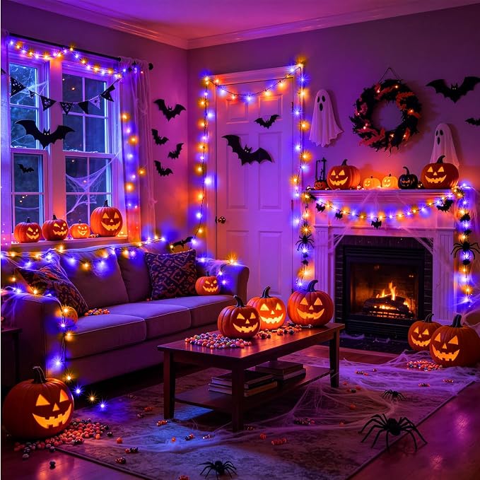KNONEW Purple and Orange Halloween Lights 60FT 180 LED Indoor Outdoor String Light with 8 Lighting Modes, Timer Memory Function Plug in for Halloween Party Home Garden Roof Decorations