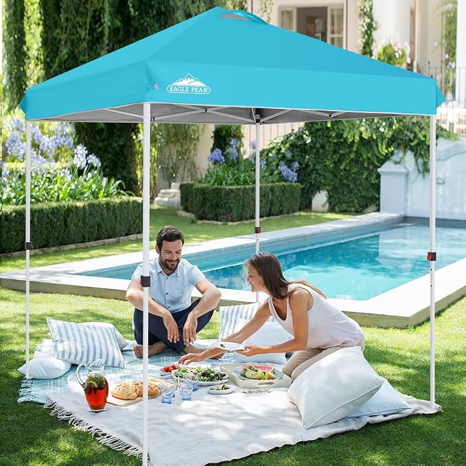EAGLE PEAK Pop Up Canopy Tent with Wheeled Carry Bag, 8 Stakes, 4 Ropes, Easy Set Up Tent Canopy, 6.6x6.6 ft, Light Blue