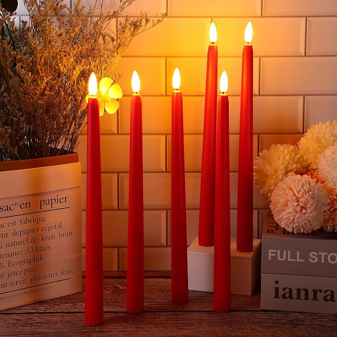 Macarrie 24 Packs Flameless Taper Candles Battery Operated Fake 11 Inch Long Candlelight LED Flameless Candlesticks Flickering Tapered for Summer Fall Wedding(Red)