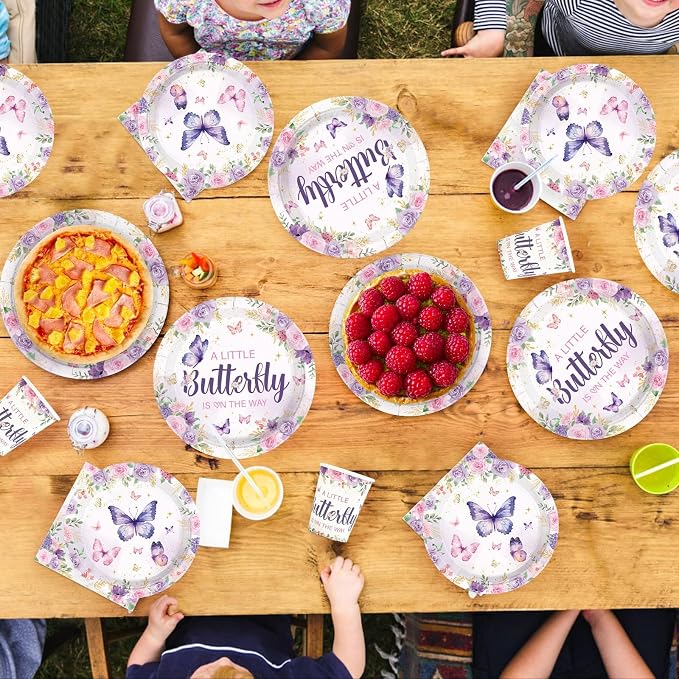 250 Pcs Butterfly Baby Shower Decorations A Little Butterfly is on The Way Tableware Set Include Purple Floral Plates Napkins Cups for Kids Girls Baby Shower Birthday Supplies Serves 50