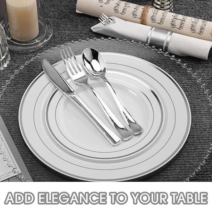 350 PCS White and Silver Plastic Dinnerware Set for 50 Guests, Disposable Party Plates for 50 Guests, Include: 100 Plastic Plates, 50 Pre Rolled Napkins with Silver Silverware, 50 Cups