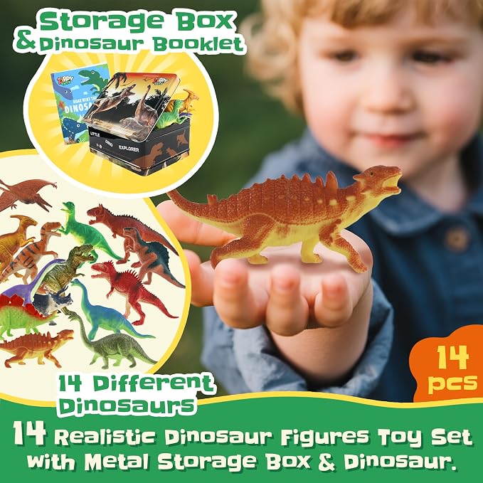Zippytots Dinosaur Toys for Kids 3-5-7-14 Realistic Plastic Dinosaur Figures with Metal Storage Box & Learning Booklet - Educational Dino Figure Toys for Boys Girls Toddlers