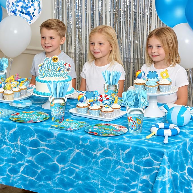 Pool Birthday Party Decorations - Plates, Napkins, Cups, Cutlery, Honeycomb Centerpieces, Banner, Hanging Swirls, Tablecloths, Toppers, Balloons for Hawaii Summer Pool Party Decorations, Serves 20