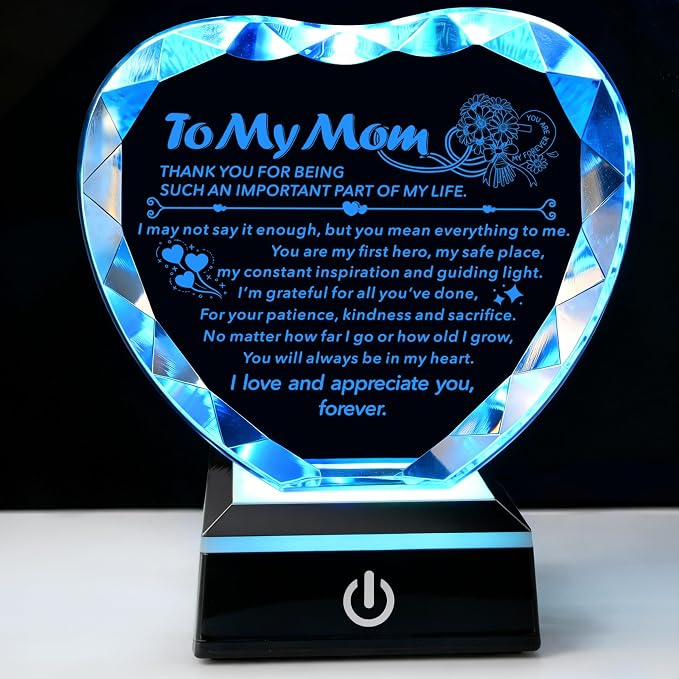 Crystal Heart Keepsake Gift for Mom from Daughter Son | Colorful LED Base, Mothers Day Gift, Birthday Gift, Unique Design