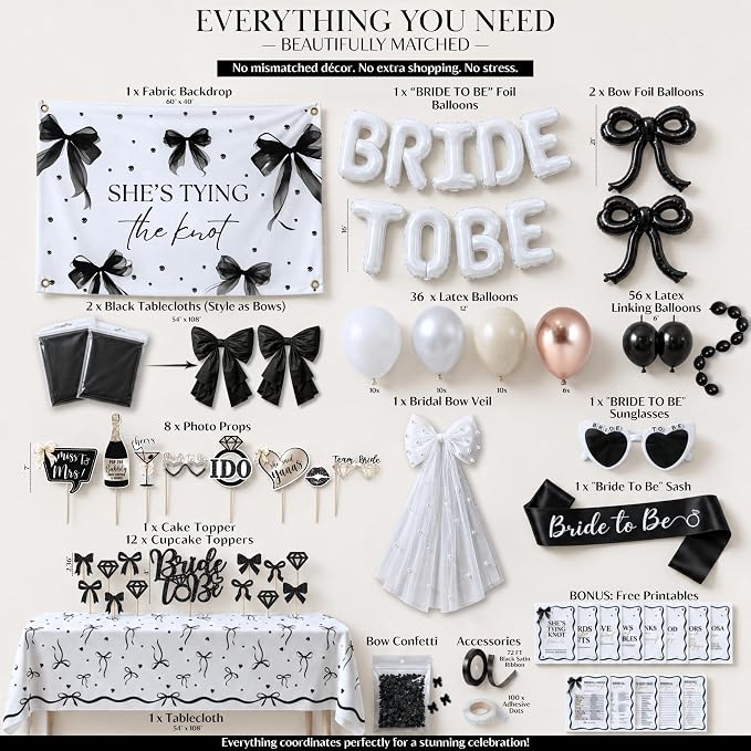325 Pc Black Bow Bridal Shower Decorations Set - She’s Tying the Knot Bridal Shower Decorations with Black Bow Balloons, Backdrop, Bride to Be Banner - Elegant Bachelorette Party Decor Kit
