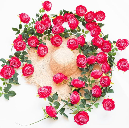 Bendable Artificial Flower Garland Faux Rose Vine Hanging Floral Garland for Wall Decor Trellis Fence Home Room Garden Wedding Decoration(Fuchsia, 2pcs)