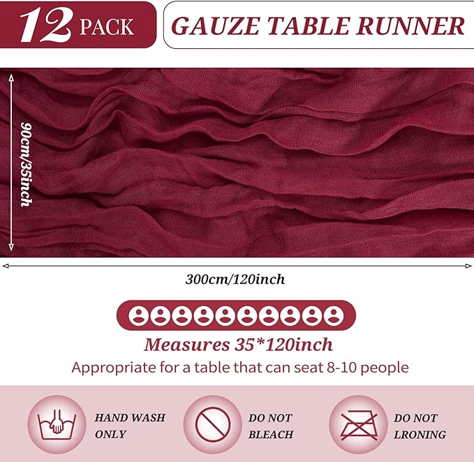 12 Pack Cheesecloth Table Runner 35 x 120 inch Long Boho Cheese Cloth Gauze Table Runners Semi Sheer Table Runner for Wedding Decor, Bridal Shower, Birthday Party (Burgundy)