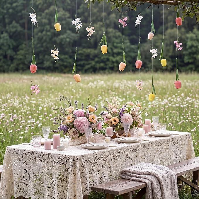 6 Pcs 35.4ft Artificial Tulips Hanging Flower Garlands with Hooks, Spring Faux Tulip and Wildflower Ceiling Vines, Mixed Colors Floral Backdrop for Wedding Party Home Wall Arch Decor