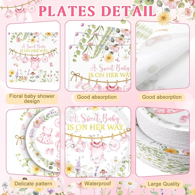 400 Pcs Pink Wildflower Girl Baby Shower Party Decoration for 50, Baby in Bloom Paper Plates Napkins and Cups Cutlery Floral Tableware Set for a Sweet Babys Is on Her Way Party Supplies