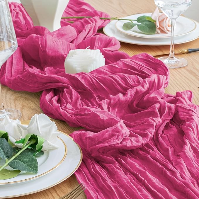 6PCS Table Runner Cheesecloth 10FT Deep Pink Boho Gauze Cheese Cloth Rustic Sheer Table Runners for Wedding Birthday Bridal Baby Shower Party Decoration