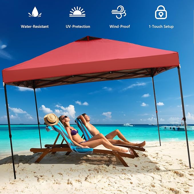 GDY 10x10 Pop Up Canopy Tent with 4 Sidewalls, Easy Set up, Outdoor Silver Coated Beach Gazebos, Carpas with 4 Sandbags, for Pool, Events, Parties, and Camping, Red.