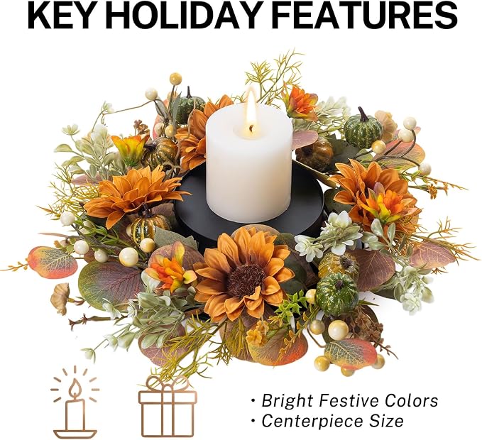 MOYEE Autumn Centerpieces for Tables Candle Ring, Black Metal Candlestick with an Artificial Wreaths 14 in Versatile Dining Table Centerpiece Decor (Sunflower Wreath)