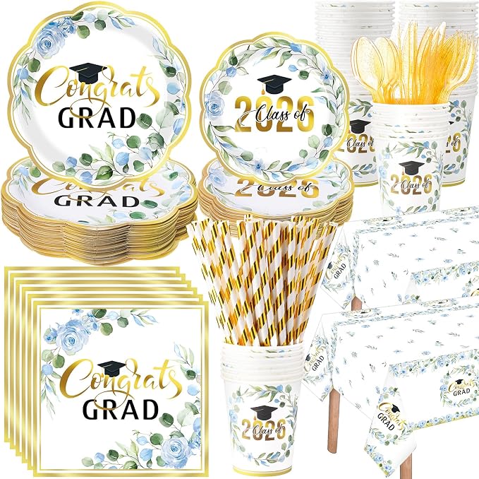 Funnymoom 452 Pcs Class of 2026 Blue Floral Graduation Decoration Party Supply for 50, Blue Gold Congrats Grad Paper Plates Napkins Cup Tablecloth Cutlery Straw for Freshly Graduated Decoration