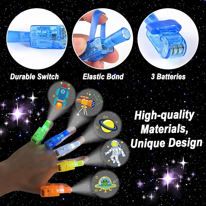 GOLDGE 48 LED Finger Lights-Space themed Party Favors, Glow in the Dark Light Up Flashlights Toys for Kids, Space Birthday decorations, Classroom Prizes, Party Goodie Bags Fillers, Family Fun