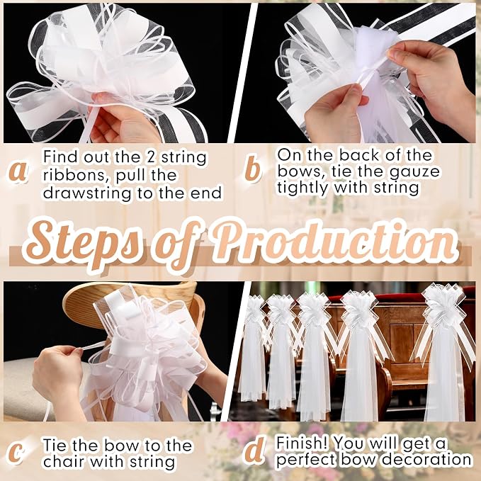 12 Set Large Wedding Pew Bows with Long Tulle Tails Church Chair Aisle Decorations Wedding Car Decoration Big Bows for Bridal Shower Reception Birthday Anniversary (White)