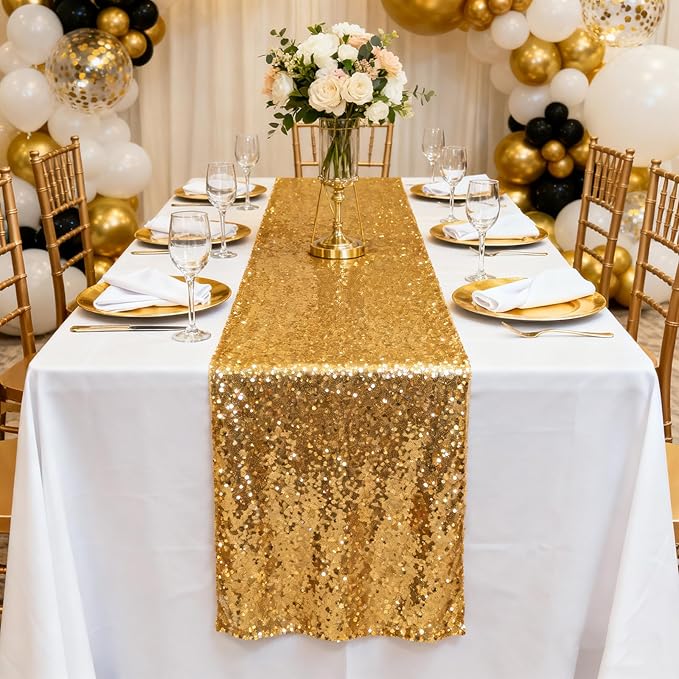12x108 inch Gold Sequin Table Runner Sparkly Glitter Table Linens 6 Packs for Party Decorations Wedding Birthday Baby Shower Engagement Anniversary