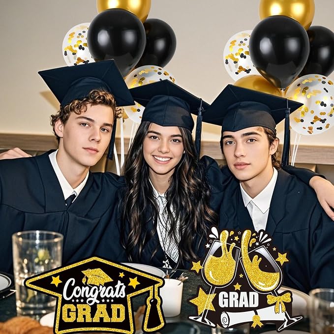 6 Sets Black Gold Graduation Balloon Stand Kit for Table Decorations Class of 2025 Congrats Grad Table Centerpiece Grad Prom Themed Decoration for Grad School & College Ceremonies Party Supplies