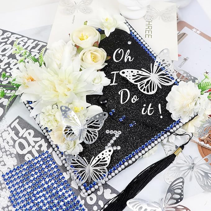 TKNOUS White Flower DIY Graduation Cap Decorations - Artificial Flower Heads, 3D Butterfly & Alphabet Letter Stickers, Glitter Paper for Art DIY Hat Grad Cap Topper