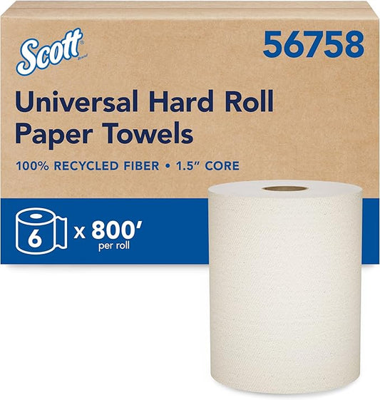 Scott® Universal 100% Recycled Fiber Hard Roll Paper Towels, Bulk (56758), Hardwound 1.5" Core, Absorbency Pockets™, Compressed Rolls, Brown, (800'/Roll, 6 Rolls/Case, 4,800'/Case)