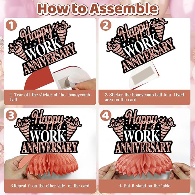 Zirtorei Happy Workiversary Decorations for Women Employee, 11pcs Rose Gold Work Anniversary Banner Party Supplies, Workiversary Honeycomb Centerpieces Hanging Swirls Business Gift for Office