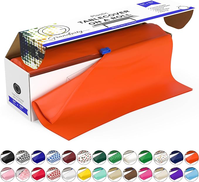 Grandipity Plastic Tablecloth Roll - 54in x 100 Ft. Orange Plastic Table Cloths for Parties Disposable with Cutter Box - Cut to Size Disposable Tablecloth Table Cover for Rectangle & Round
