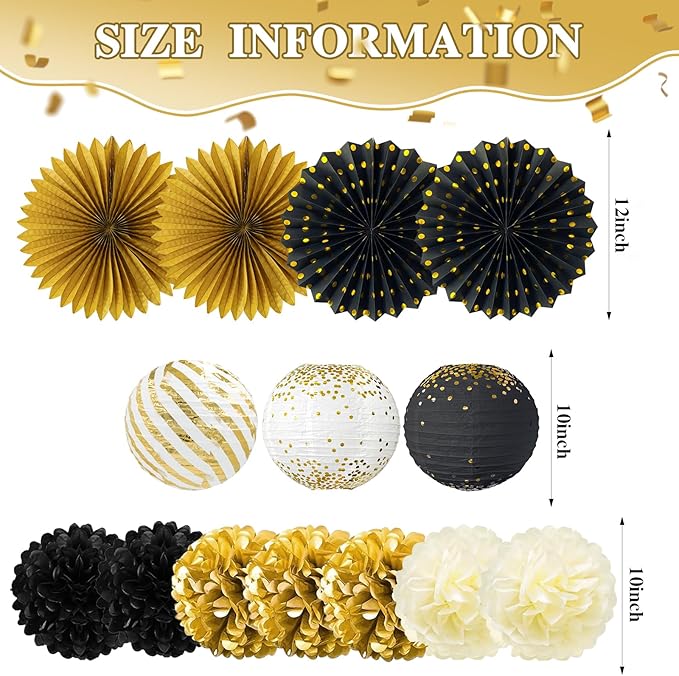 ADLKGG Black and Gold Party Decorations, 14 Pcs Hanging Paper Fans, Lanterns, Pom Poms, Photo Backdrop for Class of 2026 Graduation, Men's Birthday, Great Gatsby Theme Party