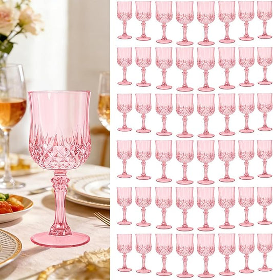 Teruntrue 48 Pcs Pink Plastic Wine Glasses Vintage Wine Glass for Parties Crystal Plastic Goblets Drinking Glasses Reusable Drinkware for Wedding, Valentine’s Day, Parties, Grand Event