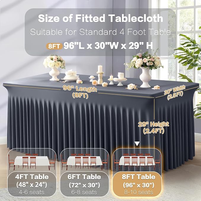 Shillance 6 Packs Grey Spandex Tableclothes for 8 Foot Rectangle Table, Spandex Table Covers 8FT Stretch Table Skirts Wrinkle Free Fitted Table Cloth for Event, Wedding, Banquet & Parties