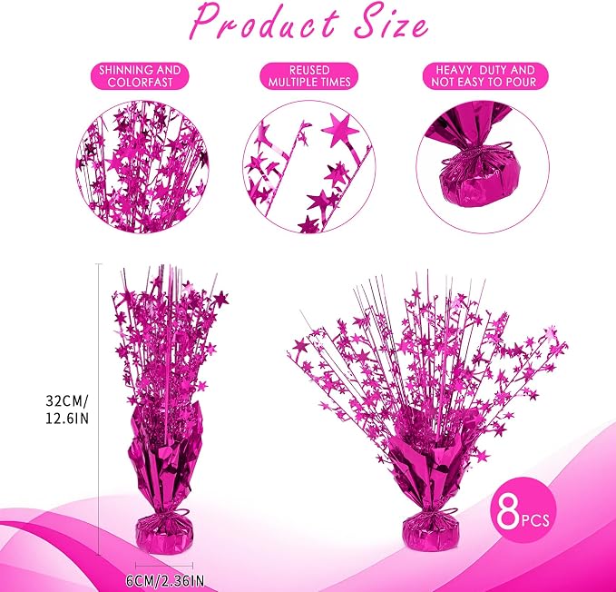 8 Pack Metallic Star Spray Centerpieces for Tables - Bulk 12.4" Foil Fountain Table Decorations for Large Events, Graduation 2026, Wedding Reception (Hot pink)