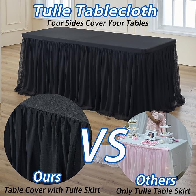 leegleri 6 pk 6ft Black Tulle Tablecloth for Rectangle Tables, 2-in-1 Table Covers with Tulle Skirt,Wrinkle Free Stretchy Ruffle Tulle Table Cloths Fitted for Wedding Party Banquet Vendor