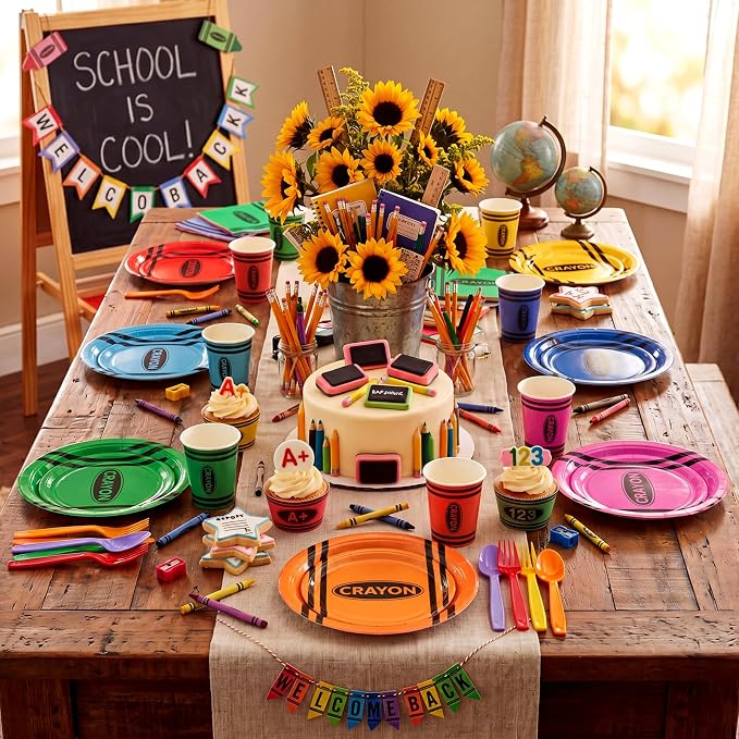 Pickmesh 250 Pcs Crayon Party Disposable Tableware Set Paper Plates and Napkins Cups Supplies Tea Party Theme Dinner Dinnerware for Birthday Bridal Baby Shower Wedding Decoration Serves 50