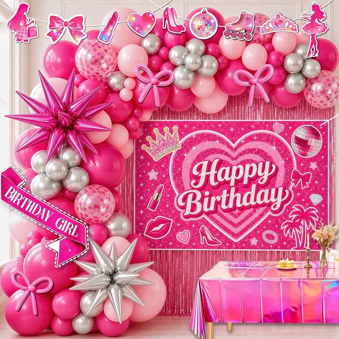 Pink Birthday Party Decorations for Girls, 135pcs Complete Kit - Rose Gold Balloons, Happy Birthday Banner, Backdrop, Tablecloth, Fringe Curtain, Sash for Girls Birthday Decor