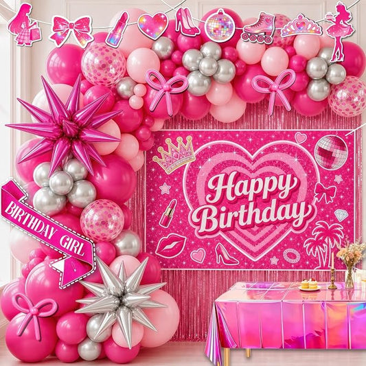 Pink Birthday Party Decorations for Girls, 135pcs Complete Kit - Rose Gold Balloons, Happy Birthday Banner, Backdrop, Tablecloth, Fringe Curtain, Sash for Girls Birthday Decor