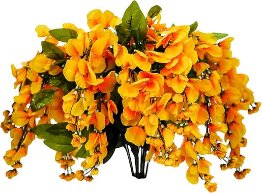 Artificial Wisteria Long Hanging Bush Flowers - 15 Stems For Home, Wedding, Restaurant and Office Decoration Arrangement, Dark Yellow