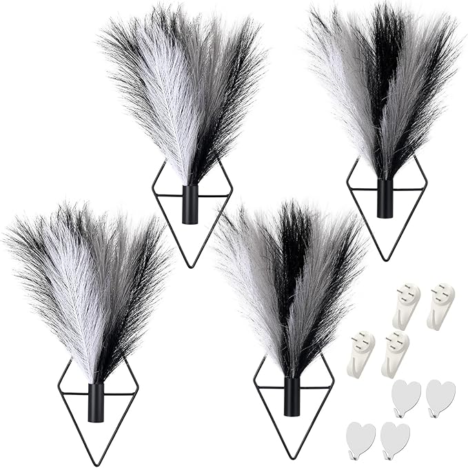 Hanaive 4 Sets Boho Wall Decor Metal Wall Art Hanging Planters with Artificial Pampas Display Modern Home Vase for Bedroom Home Office(Understated,Black，White，Light Gray)
