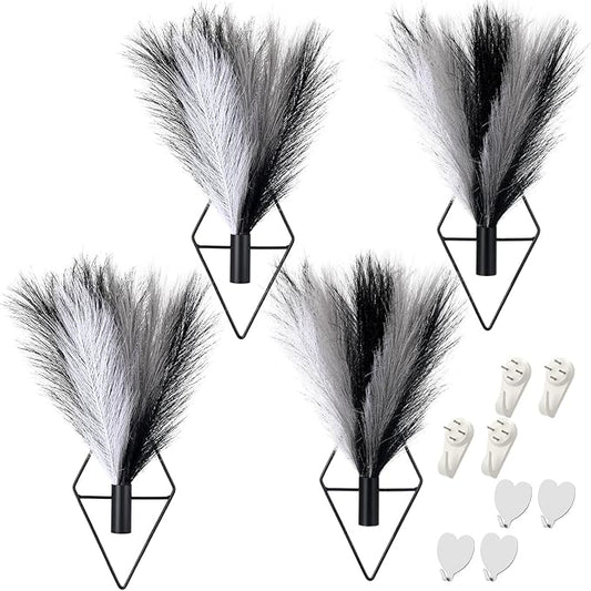 Hanaive 4 Sets Boho Wall Decor Metal Wall Art Hanging Planters with Artificial Pampas Display Modern Home Vase for Bedroom Home Office(Understated,Black，White，Light Gray)