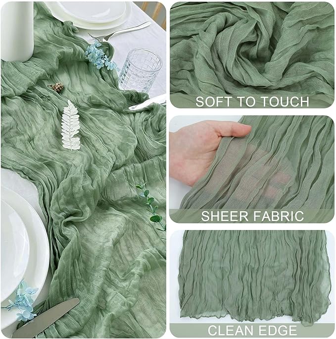 Sage Green Cheesecloth Table Runner 21x120 Inch Gauze Easter Spring Table Runner Sheer Polyester Cheese Cloth Boho Table Runners Decor for Wedding Baby Shower Candlelight Dinner Tables
