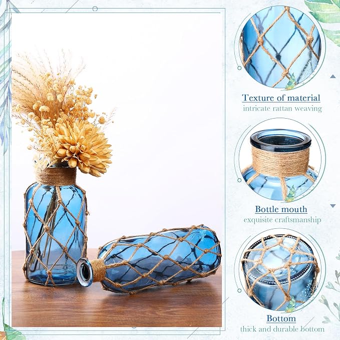 Chuangdi Set of 2 Coastal Glass Vases for Flowers TSITP Flower Vase with Boho Rope Small Sea Glass Jar Nautical Beach Bottle for Wedding Table Centerpieces Floral Arrangement Decor(Navy Blue)