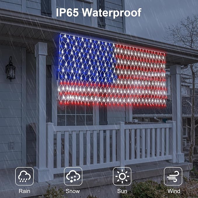 Solar American Flag Lights Outdoor420 LEDs US Flag Net Lights 6.5 x 3.28 Ft | Solar Flag Lights with Remote Dimmable Timer 8 Lights Modes for Independence/National/Memorial Day July 4th